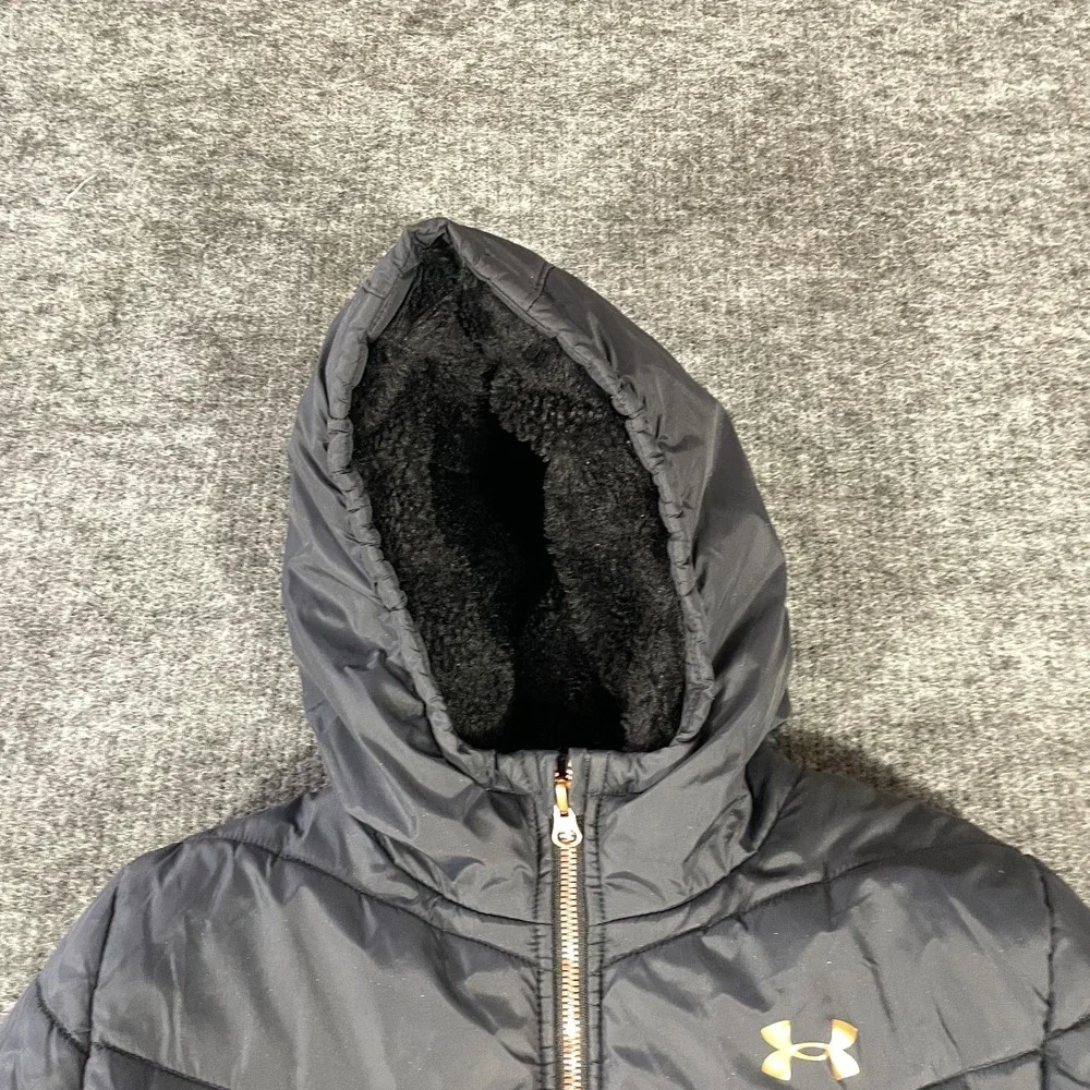 Under Armour Jacket Girls Extra Large Black Puffer Fleece‎ Lined Hooded Sparkle